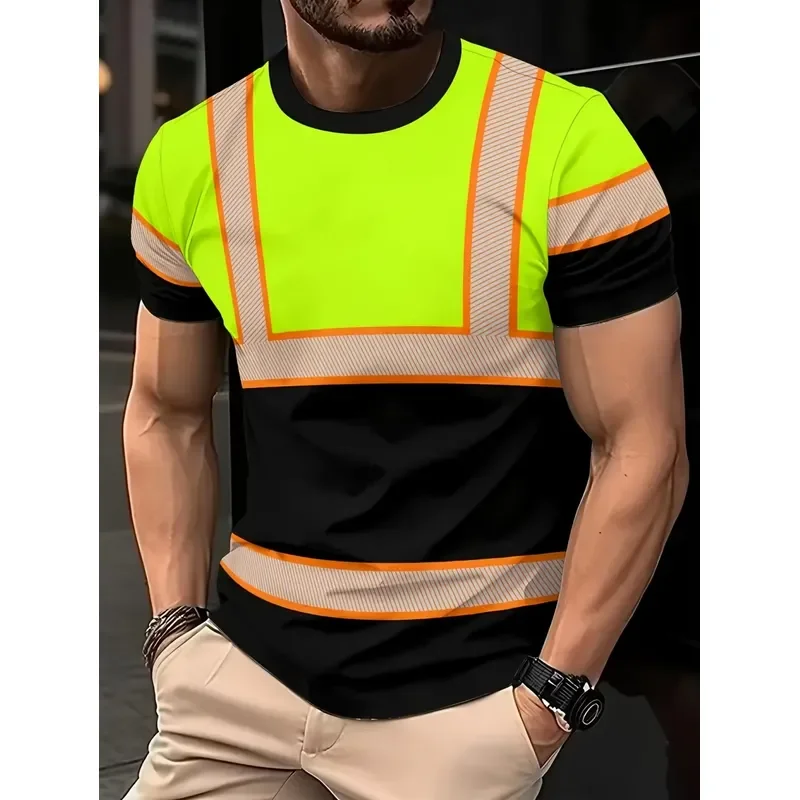 3D Digital Print Men Hi Vis Reflective Stripe T Shirt Safety Work Style Crew Neck Short Sleeve Casual Construction Streetwear