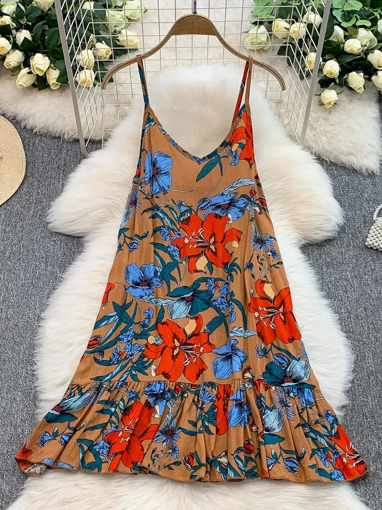 Sexy Pure Desire V-ne Bal Strap Dr Women's New Print Loose Slimming Lace Hem Mid-length Korean Sle Commute Dr