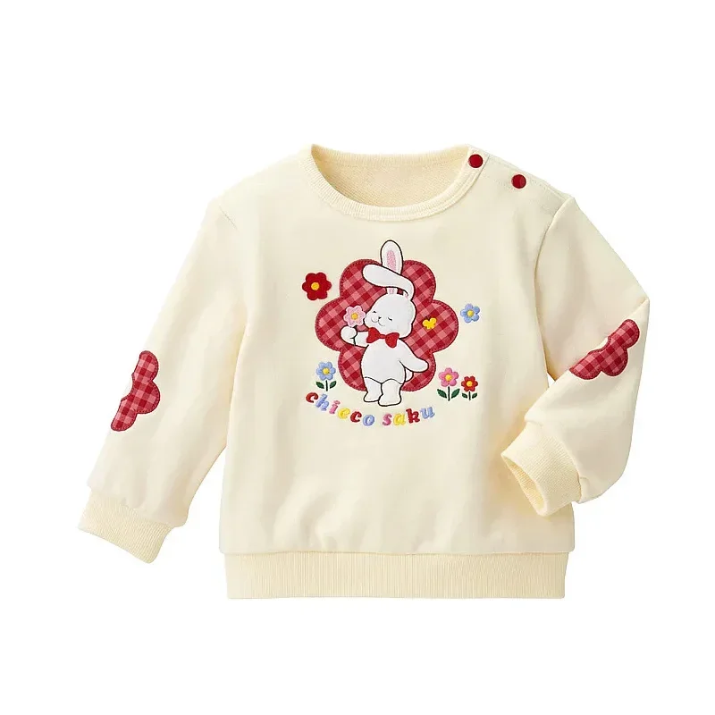 

Kids Clothes Autumn and Winter Girls Cartoon Bunny Flower Embroidered Long Sleeve Sweatshirt with Suede Crewneck Top