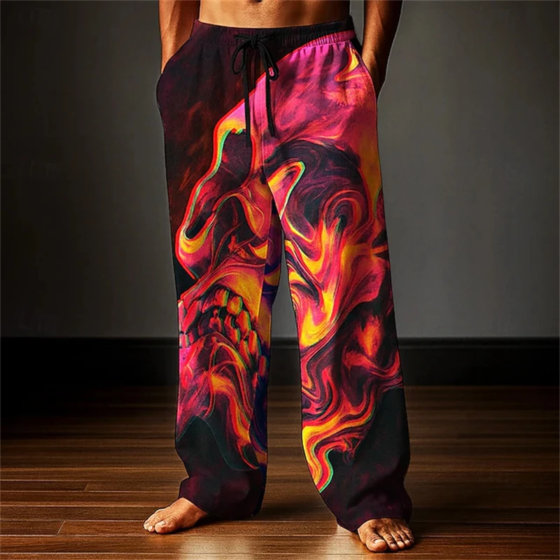 Men's Lava Flame Print Drawstring Wide-Leg Pants Fashionable Trendy Casual Pants Loose-Fitting Breathable Men's Long Pants
