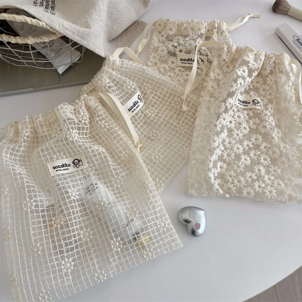 Lace Embroidered Daisy Mesh Drawstring Makeup Bag Summer Travel Toiletry Underwear Socks Organizer Storage Pouch for Accessories