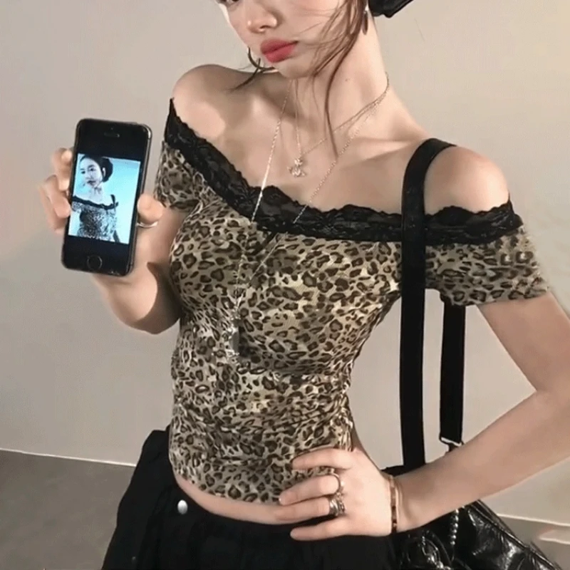 

Y2K Lace Patchwork Leopard Slim Short Tops Summer New Thin Short Sleeve Printing Sexy T Shirts Fashion High Street Women Clothes
