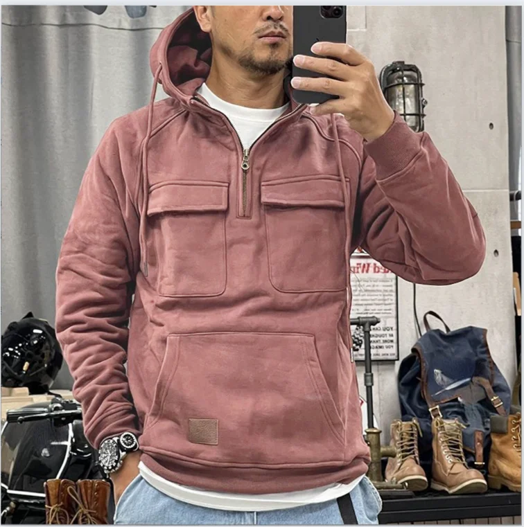 Men's zip up hoodies Solid Warm Fleece Sweatshirts Multi Pockets Male Hooded Jackets Thick Outdoor  Clothing Sudaderas