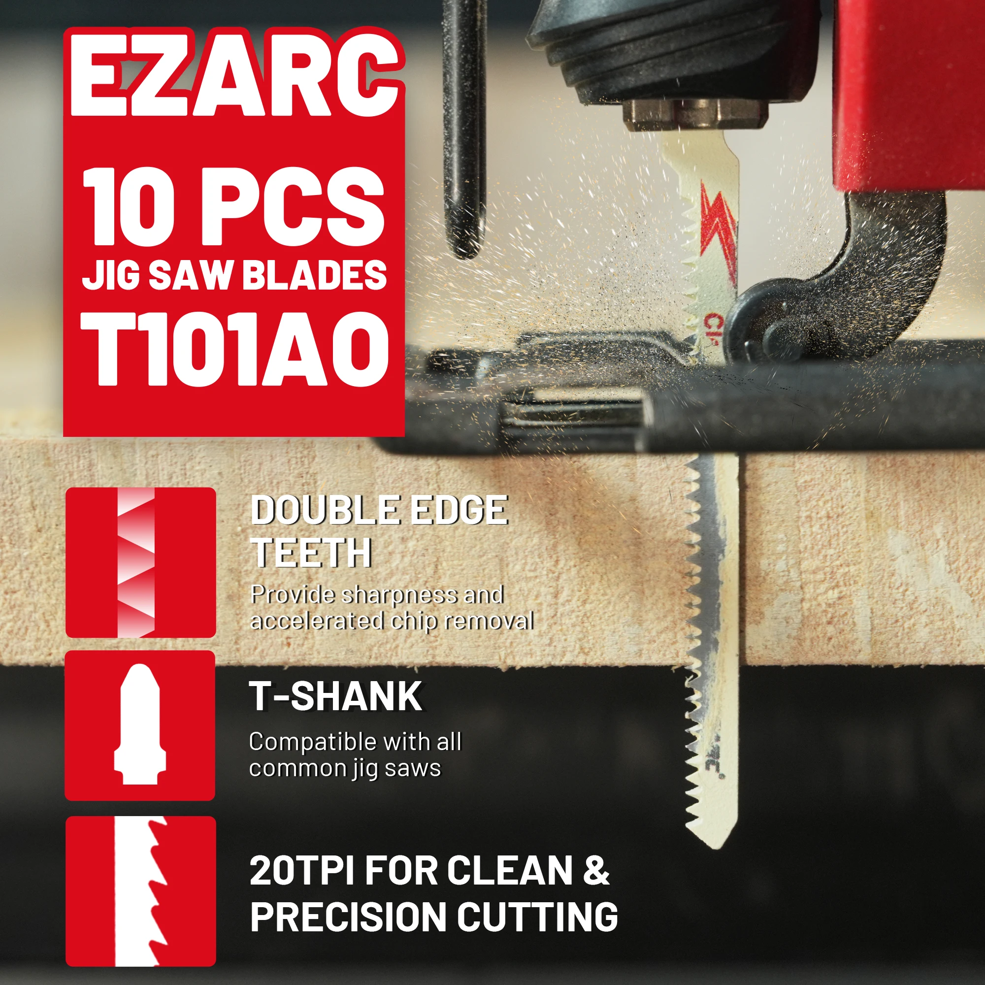 EZARC Jigsaw Blades T101AO T-Shank Jig Saw Blades for Woodworking, Clean Precision Wood Curved & Clean Cutting 20 TPI 10PCS set