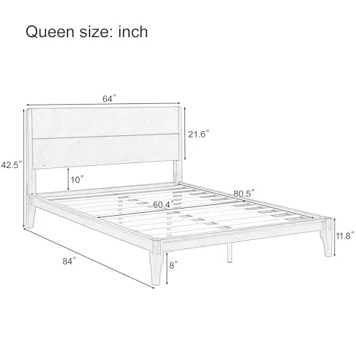 Queen Size Bamboo Platform Bed Frame with Tall Headboard, Brown | Mid-Century Modern Solid Bedframe Queen-Size, Wood