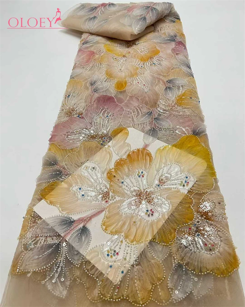 

OLOEY High-Quality African Beaded Sequins Lace Fabric Nigerian French Tulle Net for Sewing Party Dresses Embroidery