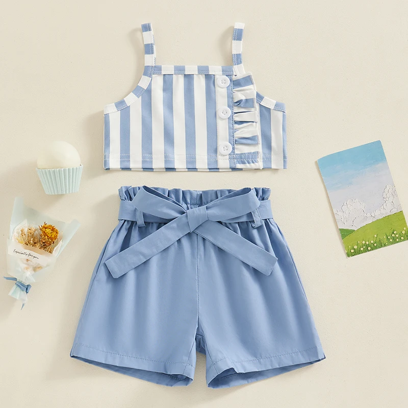 

2Pcs Set Toddler Kid Baby Girl Summer Outfit Sleeveless T-Shirt Crop Tank Top Solid Shorts Clothes Set