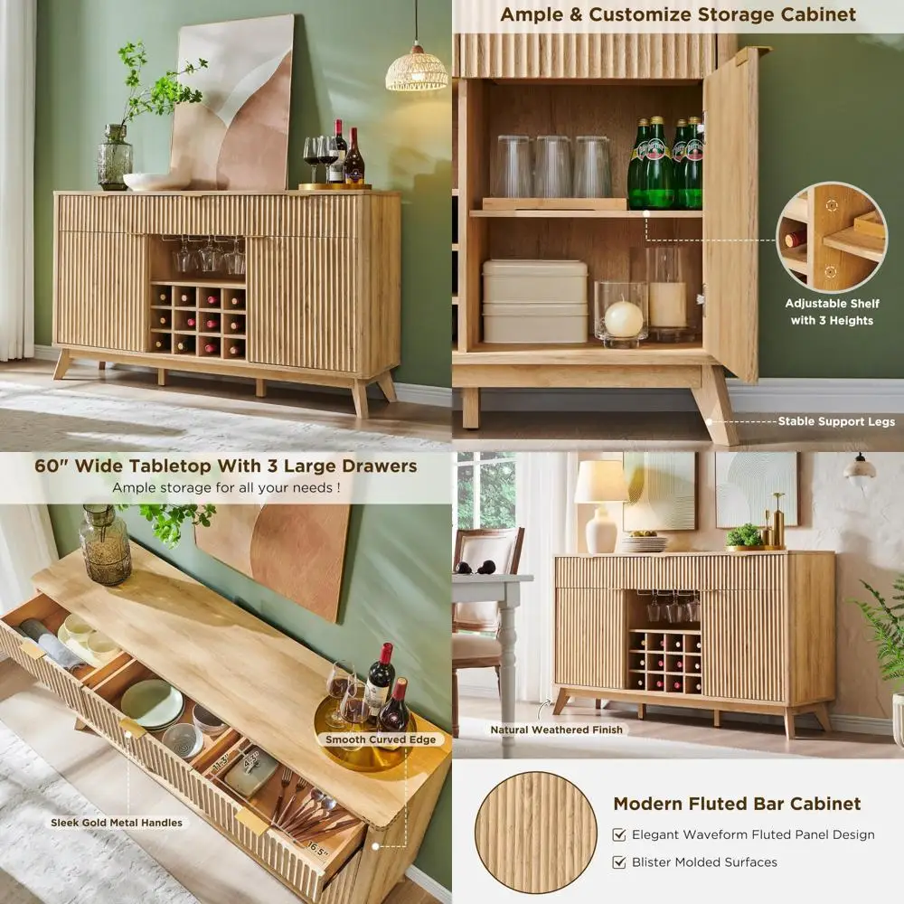 Moderner geriffelter Buffetschrank mit Stauraum – 3 Schubladen, 2 Türen, Wein- und Glashalter