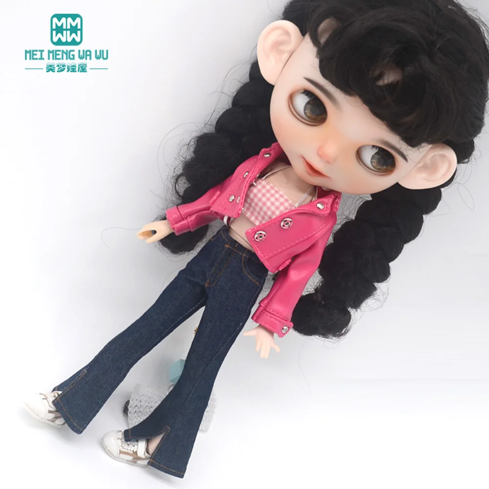 Blyth Puppe Kleidung 28-30cm Azon OB24 Zubehör Mädchen Geschenk Spielzeug Mode Leder Jacke Jeans Ausgestelltes Hosen Rohr top – Detail 18