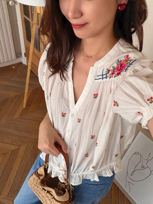 Elegant V-neck Women's Top L2026 Summer Fashion Drawstring Waist Cross-stitch Peony Decoration Cotton Polyester Blend Shirt
