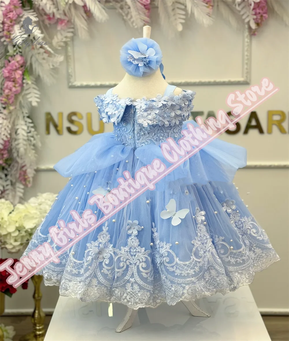 Bleu clair bébé baptême épaules dénudées blanc perle fleur enfants robe bretelles premier anniversaire bal fête Sacrament robe