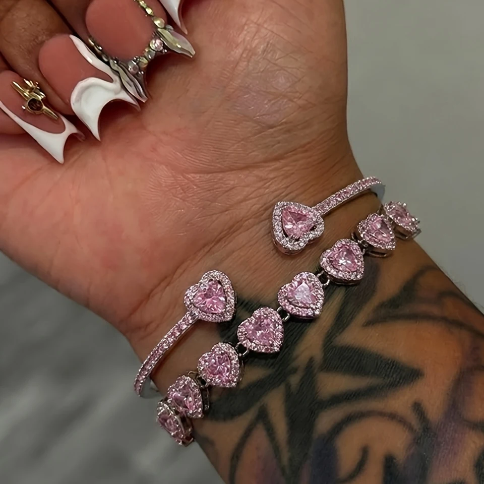 Yupsk 2 Stück/Set Rosa Blaues Herz Strass Tennis-Armband Gestapelter Schmuck für Frauen Mode Personalisierte Tägliche Accessoires – Detail 5
