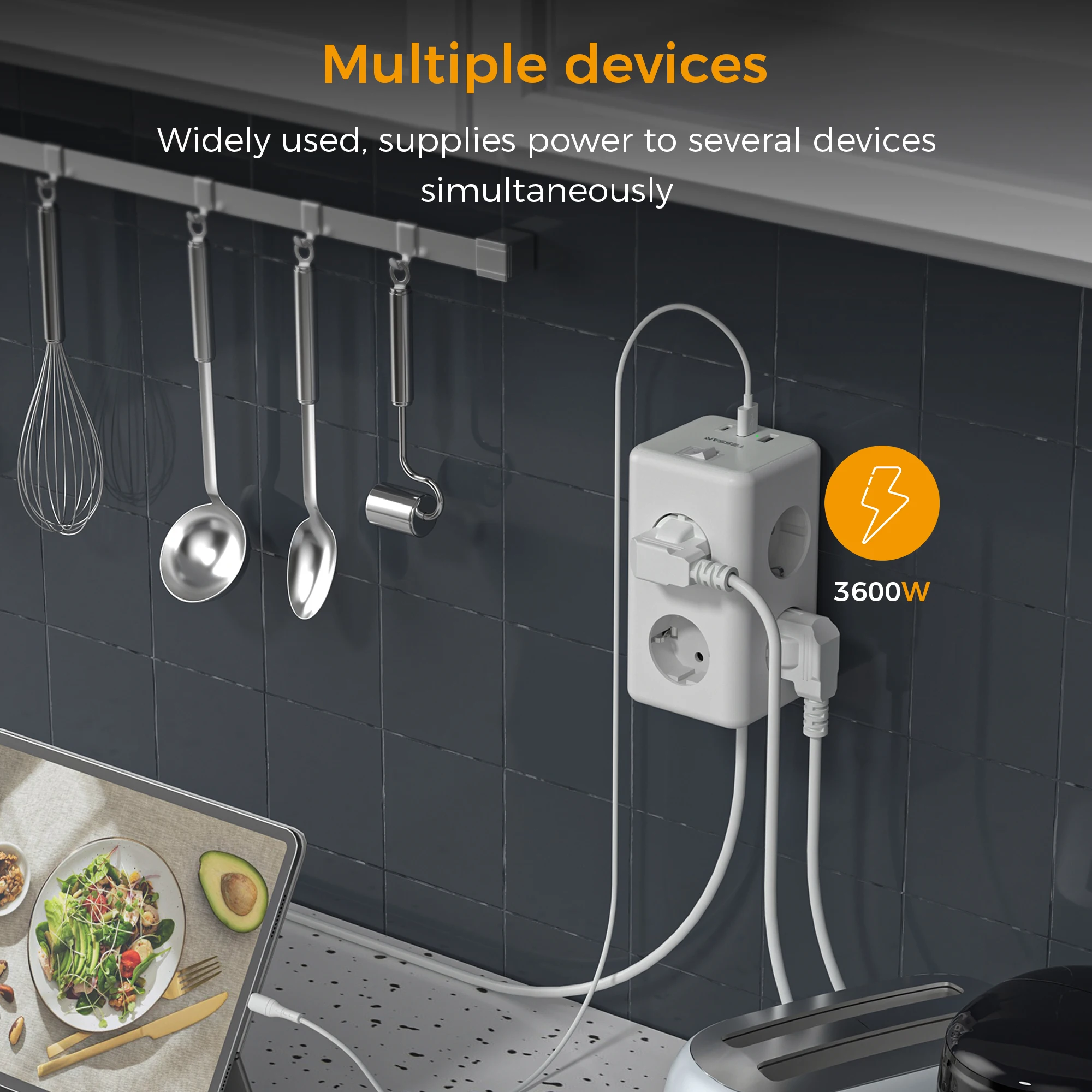 شريط طاقة لسطح المكتب بمقبس أوروبي من تيسان مع مفتاح 6 منافذ 3 منافذ USB 3600 وات شريط طاقة متعدد الاتحاد الأوروبي مع كابل 2 متر للمنزل