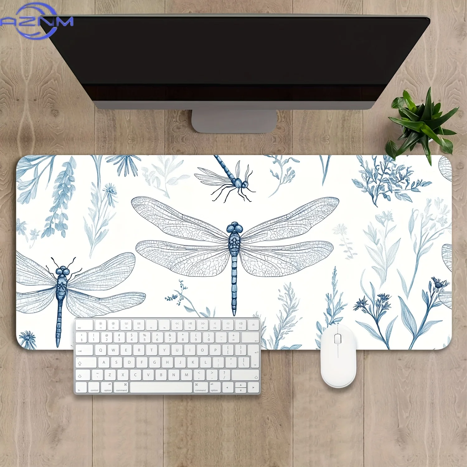 Large Blue Dragonfly & Plant Pattern Non-Slip Rubber Desk Mat - Ideal for Office, Gaming, and Home Use, Office Desk Mat | Artist