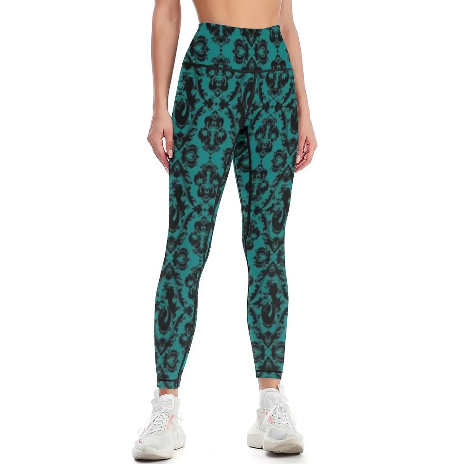 Mermaid Damask (Teal and Black) Leggings sport set workout shorts gym pants Womens Leggings