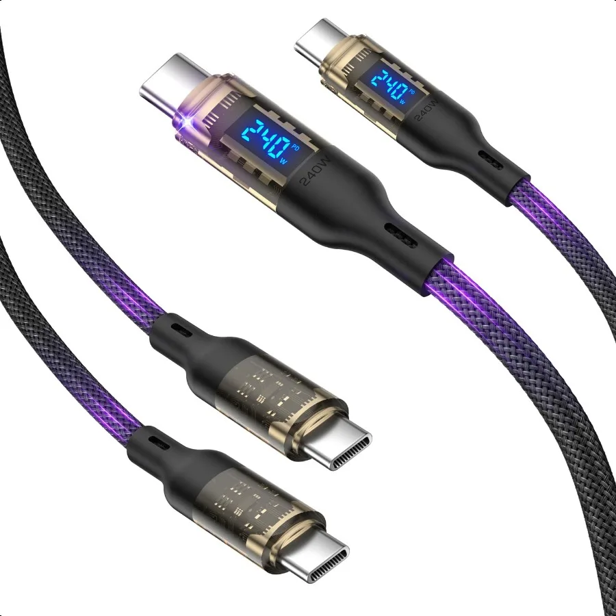 

Прозрачный кабель USB C — USB C мощностью 240 Вт со светодиодным дисплеем, совместимый с быстрой зарядкой 140 Вт, 100 Вт для Book ProlPhone 16 15 15Pro 1