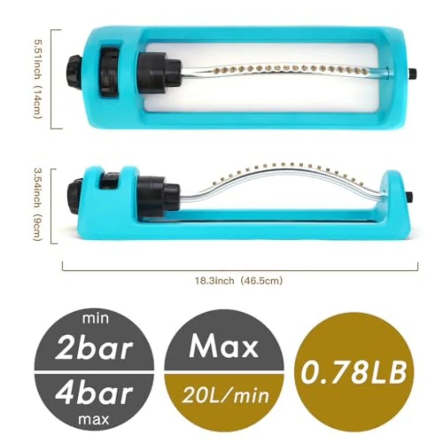 Aspersor de gramado oscilante com bicos de latão de 18 furos para cobertura eficiente de rega de jardim até 3 600 pés quadrados bico integrado