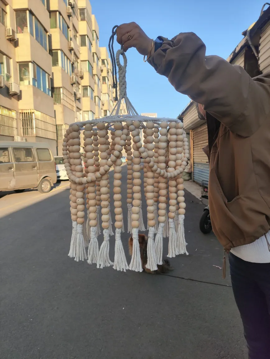 

Ins Nordic bohemian wood bead fringed lampshade chandelier