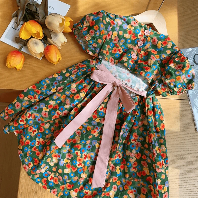 Pastorale Style Bow Condensation Back Girls' Dress Sweet Fashionable Puff Sleeve Floral Dresses 2024 Summer New Princess Dress