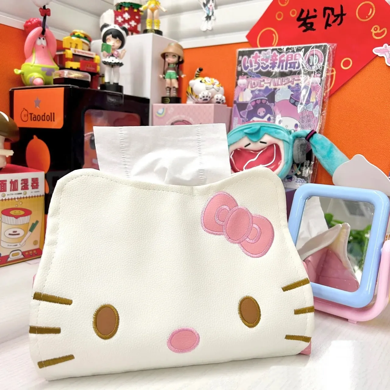 Kawaii Hello Kitty Tissue Bag Cartoon Sanrio PU Car Tissue Box Living Room Drawing Paper Storage Box Desktop Napkin Storage Bag