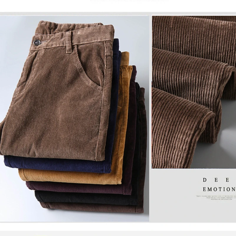 Winter Vintage Corduroy Pants Men Straight Slim Stretch Pants Business Fashion Solid Color Brown Black Blue Casual Trousers Male