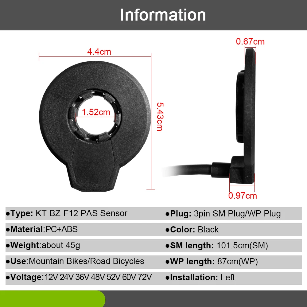 Ebike KT-BZ-F12L Pedal Assist Sensor with 3 Pin SM Waterproof Connector Use for 12V-72V Electric Bicycle Conversion Parts