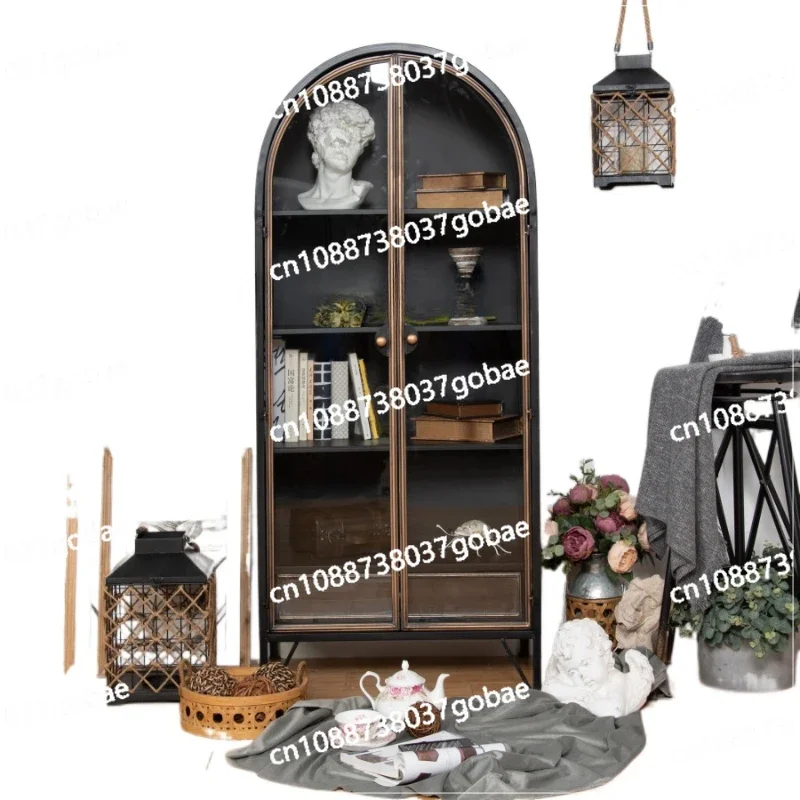 ZC Retro Iron Art Double Open Glass Door Oval Bookcase Arch Floor Storage Storage Cabinet