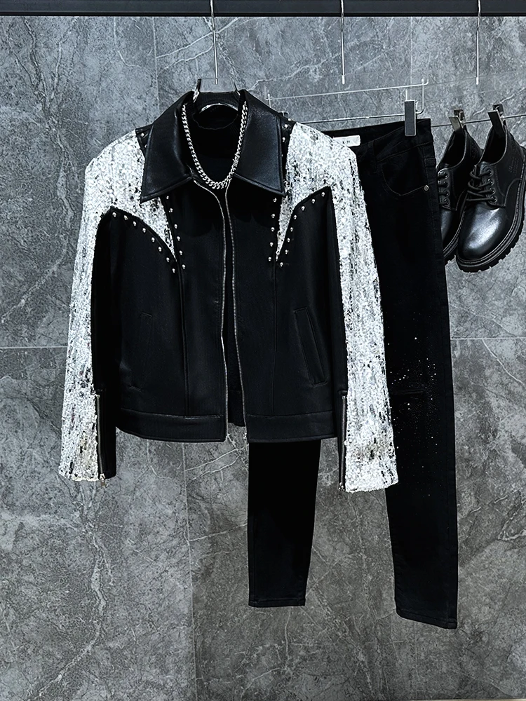 

Faionable Men's Jaet Sequin Patchwork Design Casual Cool Sle Spring Autumn Winter ort Sve Long Collar Coat