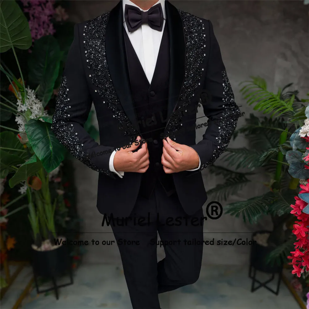 Sparkly Crystals Beaded Suits Men Slim Fit Shawl Label Prom Blazers Customized Groom Formal Party Wear Wedding Tuxedos Attire