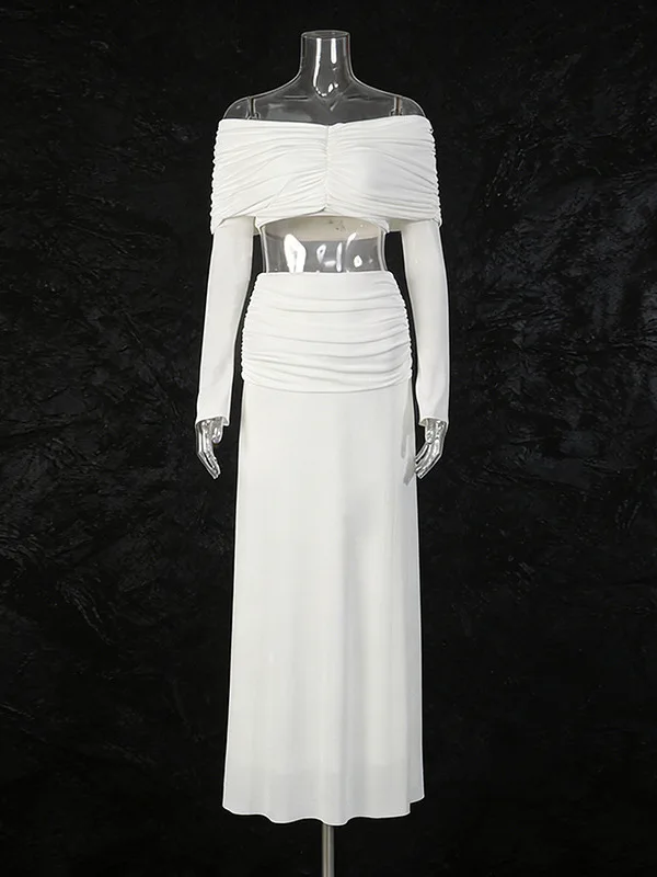 

Ele Sexy One-oulder ort Waist Bridesmaid Dr Long Sve Top f Skirt Two-Piece Set Women Spring Faion Ensemble