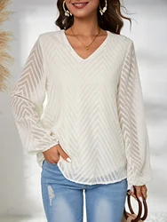 New Fashion Spring and Autumn Women's Winter Fashion V-neck Geometric Jacquard Lantern Long sleeved Shirt Elegant Top