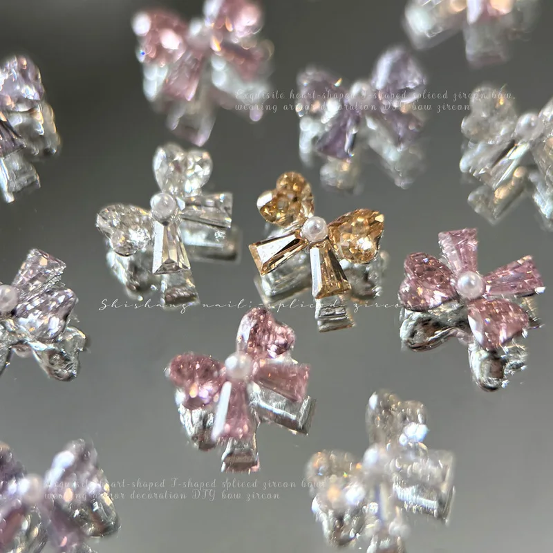 5pcs Mini Premium Super Shiny Bowknot Zircon Nail Charms 3D Finished Pearl Bow Tie DIY Press On Nail Diamonds Bulk Wholesale
