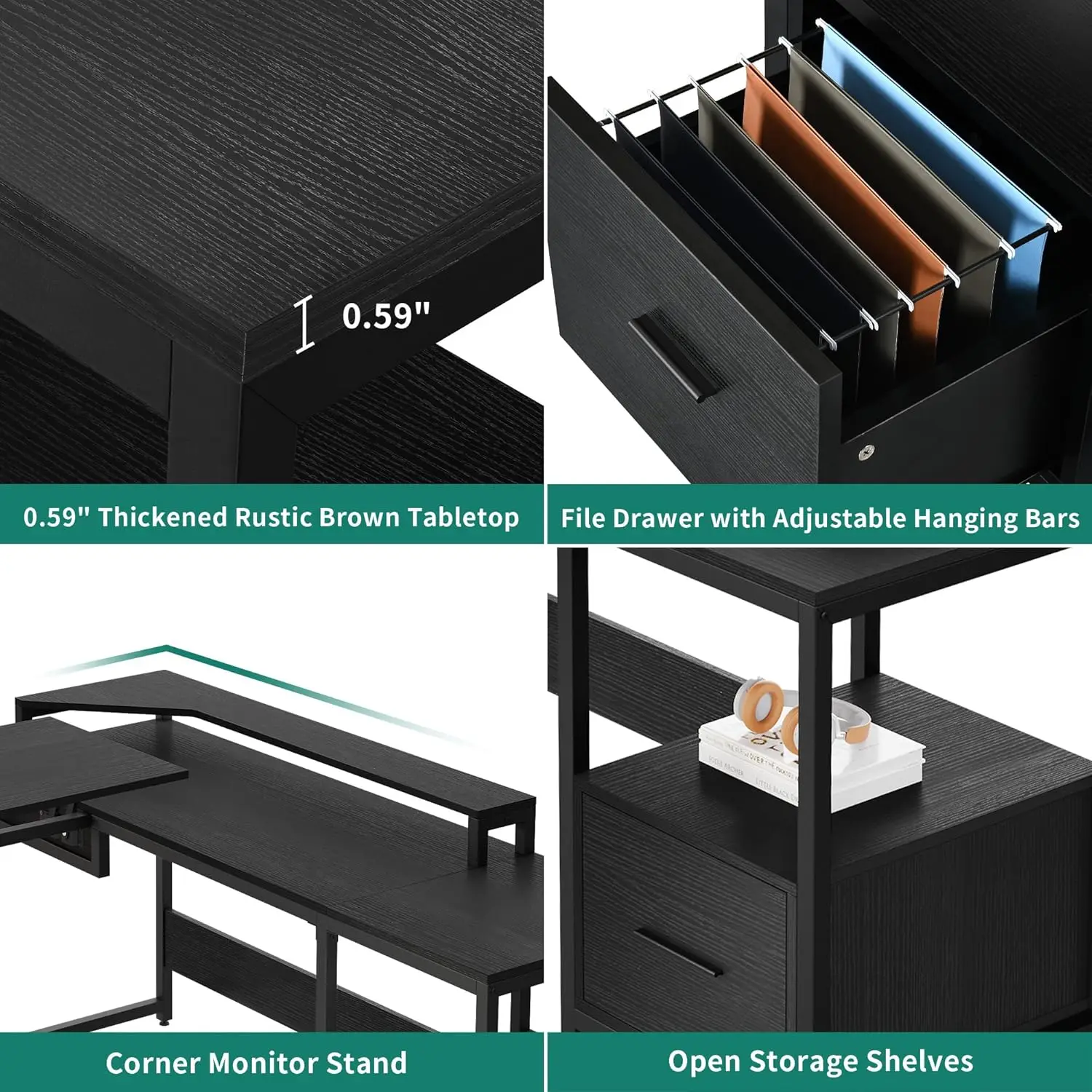 Shaped Desk with File Drawer Large Computer Corner Desk with Lift Top Standing Desk Height Adjustable with Monitor Stand