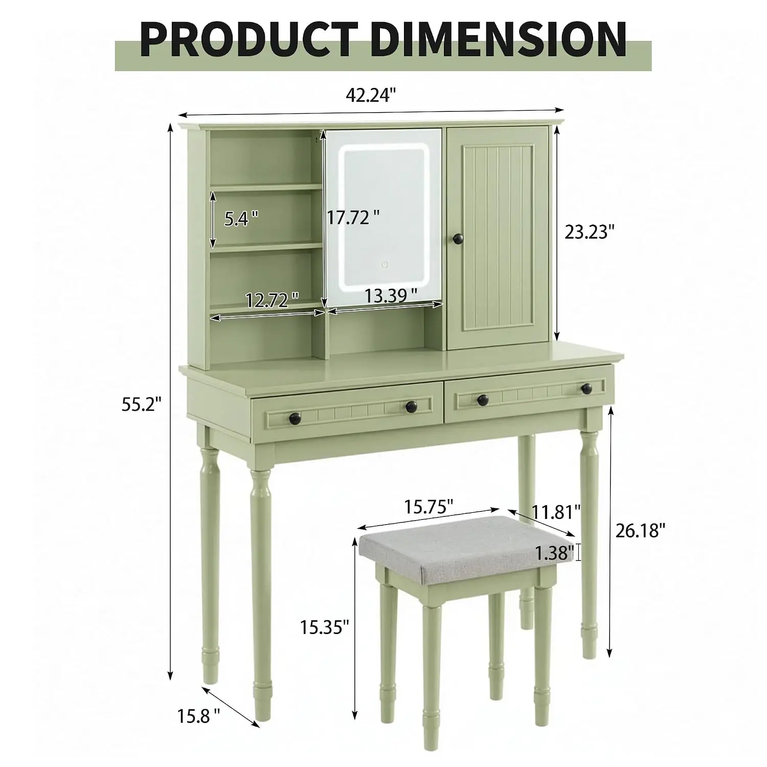 43'' Vanity Desk with Mirror & Lights, Green Makeup Table with Stool Set, Customized
