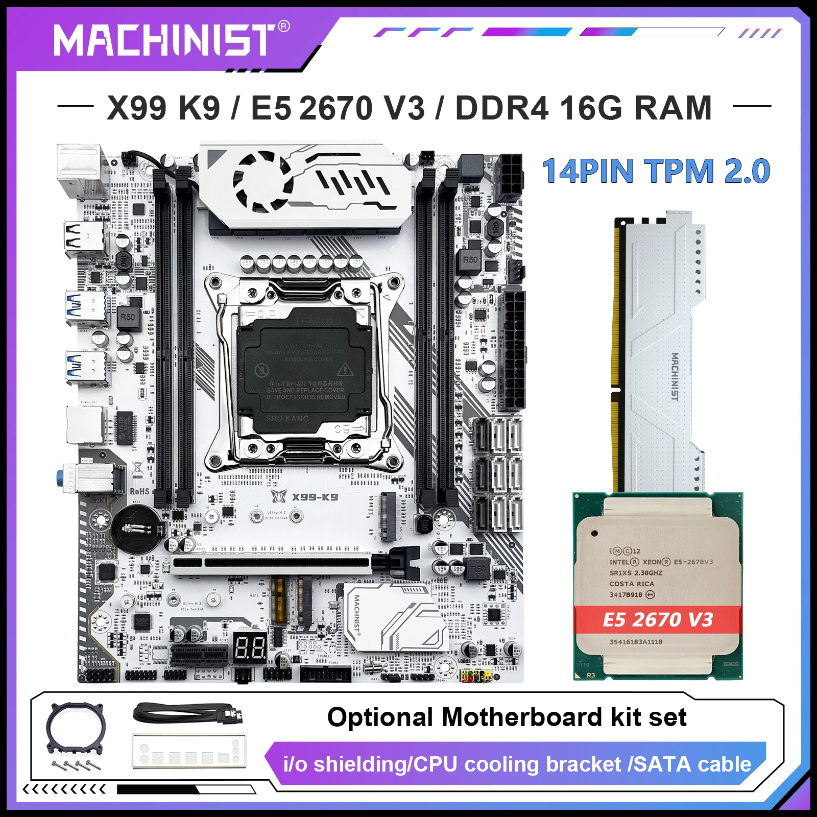 

Материнская плата MACHINIST X99 K9 Дополнительный процессор LGA 2011-3 Xeon E5 2670 V3 и комплект оперативной памяти DDR4 ECC 16 ГБ с интерфейсом TPM2.0