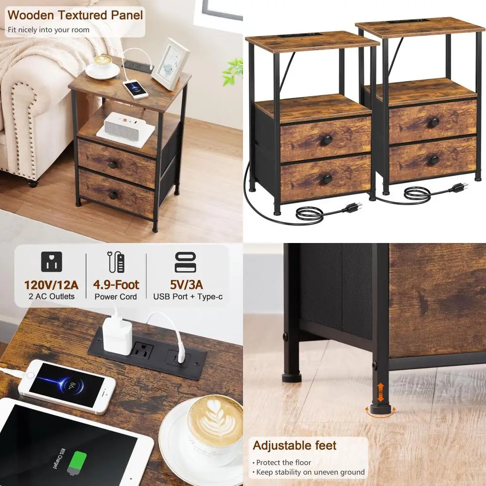 

Rustic Brown Nightstand Set with Charging, Storage, and Fabric Drawers for Compact Spaces