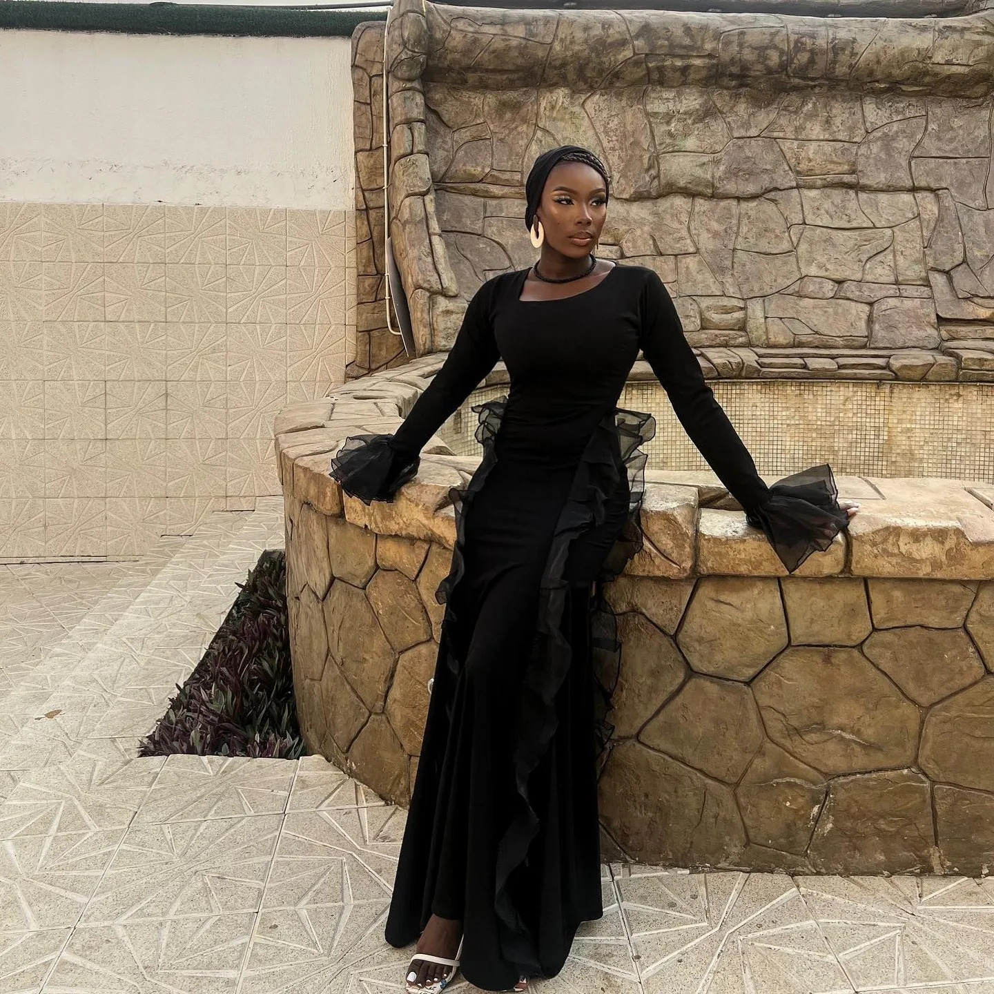 African Black Ruffles Trimmed Long Evening Dresses Full Sleeves Stratchy Aso Ebi Stylished Party Dress Muslim Prom Gowns