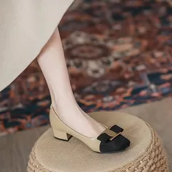 Women's Single Shoes Summer New Low Heel Square Head Metal Decorative Oxford Shoes Fashion Comfortable Soft Soled Leather Shoes