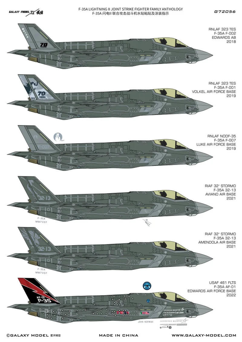 Galaxy G72056 1/72 Scale F-35A Lightning II Family Anthology Flexible Mask & Decal for Tamiya 60792 Model Kit