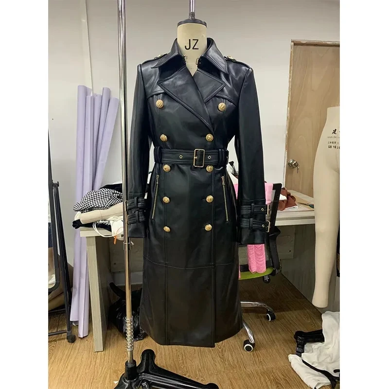 New Winter Luxury Design Double Breasted Black PU Leather Long Coats for Ladies Quality Street Women Trench with Belt