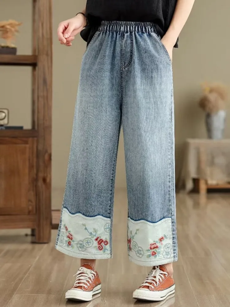 Summer Women's High Waist Wide Leg Jeans Embroidered Patchwork Casual Loose Fit Nine Point Straight Cut Thinming Pants