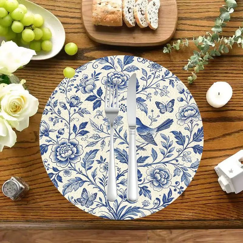 American Country Floral Placemat Set 2/4/6pcs Oil-Resistant Erasable Non-Slip Round Table Mat Rustic Kitchen Dining Decor
