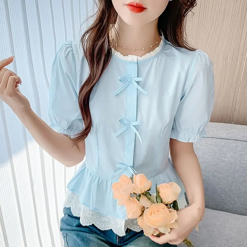

South Korean Inspired Bow Tie Blouse Youthful Sweet Summer Top For Women Elegant Casual Shirt