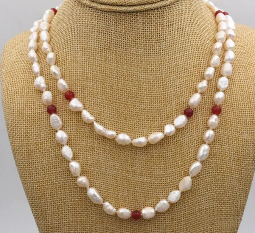 

NEW long 48" 7-8mm baroque white freshwater pearl %red stone necklace AAA