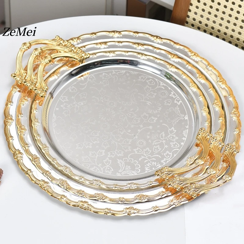 French-Style Circle Metal Fruit Tray,Tea Break Dessert Table,Dessert Storage Plate,Carved Flower Wedding and Home Decoration