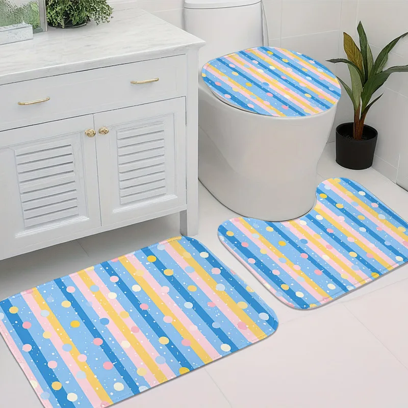 

Набор для ванной из 3 предметов с пастельными полосками и точками – сине-розово-желтый узор, плюшевая крышка для унитаза, коврик для унитаза и напольный коврик, мягкий нескользящий декор