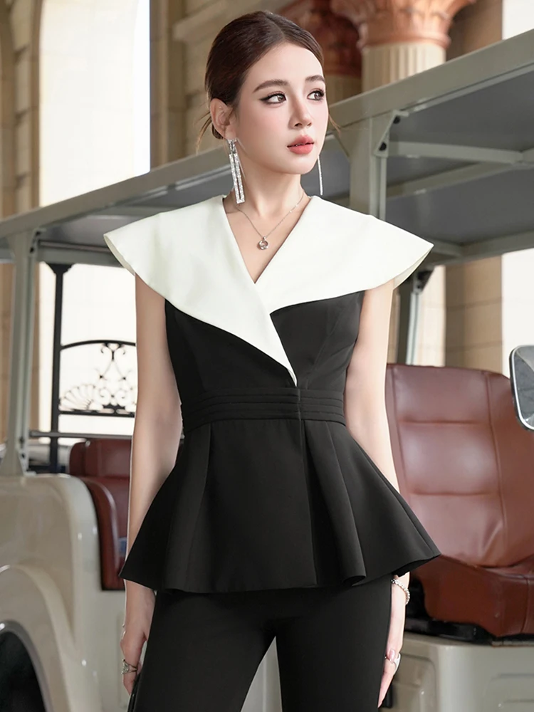 

Summer Women Clothes Black Large Lapel Ruffle Shirt Elegant Lady Mujer Sleeveless Slim Tops Blouse Fashion Formal Occasion New