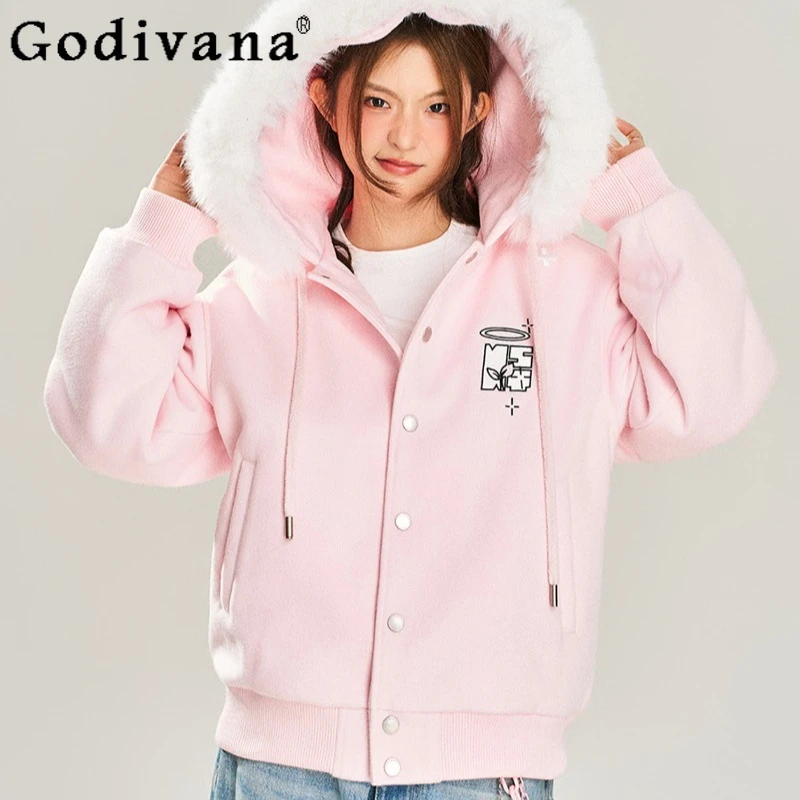 سترات مطرزة غير رسمية متعددة الاستخدامات للنساء على الطراز الياباني معطف صوف مبطن من القطيفة سترات نسائية وردية فضفاضة عالية الشارع #3