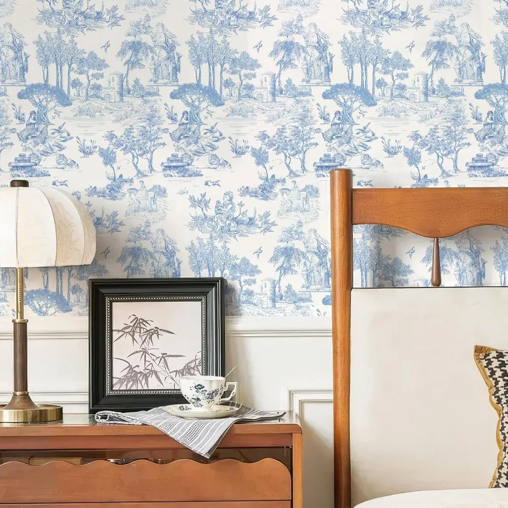 ورق جدران تويلي باللونين الأزرق والأبيض مقاس 17.7 × 590، ورق اتصال مستوحى من الفرنسية العتيقة، نمط جوي التقليدي