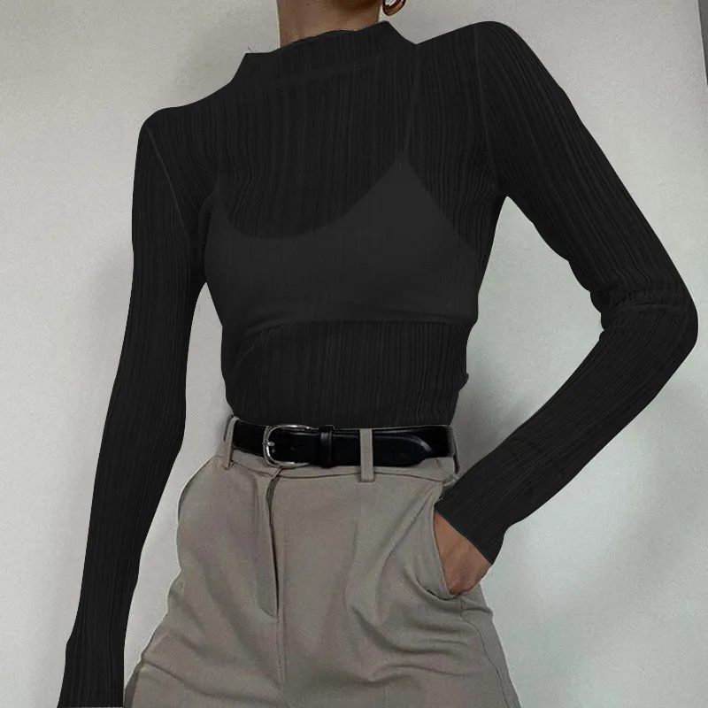 Top a collo alto trasparente donna primavera estate Sexy See Through Mesh manica lunga t-Shirt bianca Femme Fashion Slim camicia attillata nera